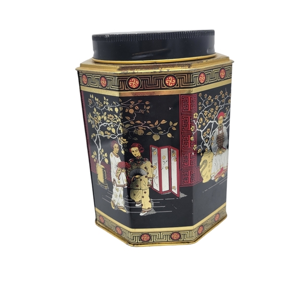 Vintage Oriental ASIAN GEISHA Style Tea Tin Storage Container Octagonal - Picture 3 of 14